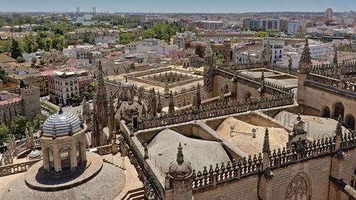 High angle view of old buildings in city