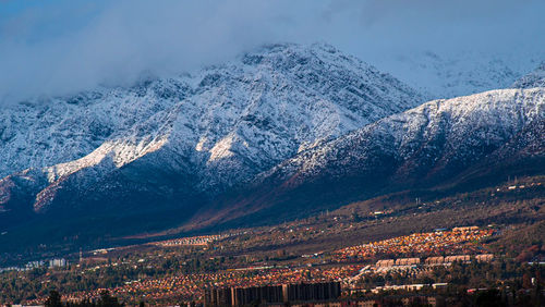 Aerial view of snowcapped mountains against sky