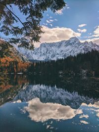 Scenic view of lake by snowcapped mountains against sky