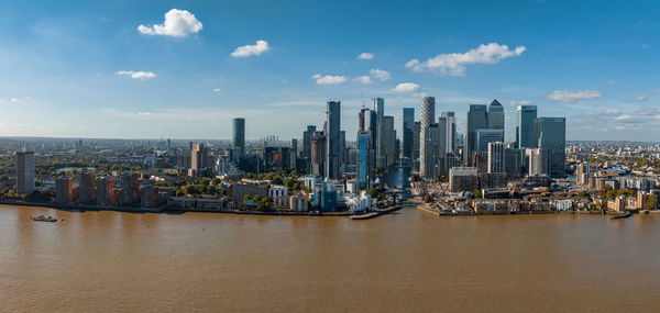 Aerial panoramic skyline view of canary wharf, the worlds leading financial district in london, uk.