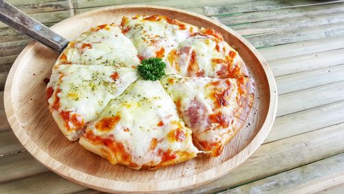 High angle view of pizza on table