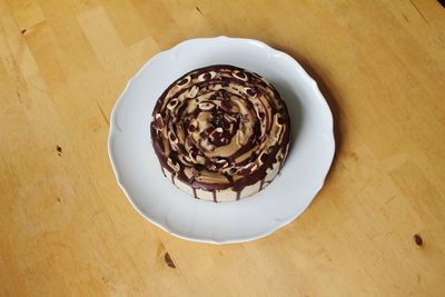 High angle view of cake in plate on table