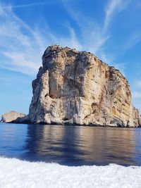 Rock formations by sea against sky