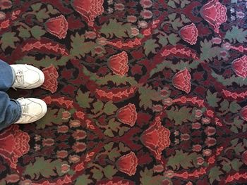 Low section of man standing by red leaves