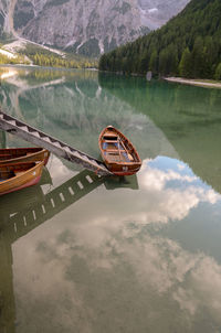 High angle view of boat moored in lake