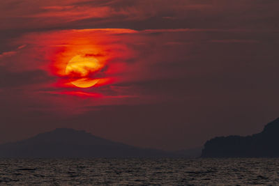 Scenic view of sea against dramatic sky during sunset