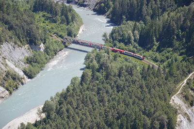High angle view of railway bridge over river amidst trees