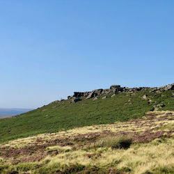 Scenic view of land against clear blue sky