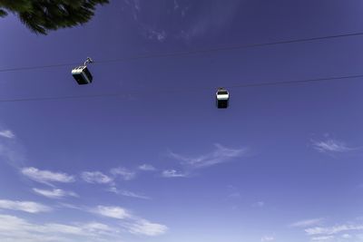 Low angle view of overhead cable car against blue sky