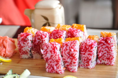 Close-up of sushi served on table