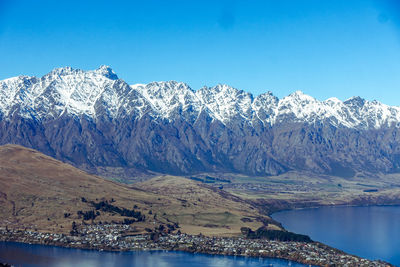 Scenic view of snowcapped mountains against clear sky