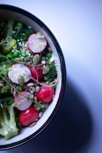 High angle view of fruits in bowl on table