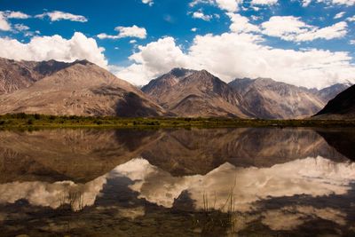 Scenic view of lake and mountains against sky