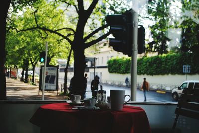 Close-up of wine on table against trees in city