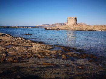 Scenic view of sea against clear blue sky