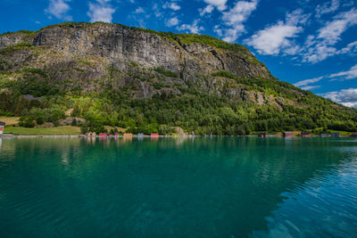 Scenic view of lake by mountain against sky