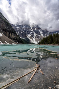 Scenic view of lake by snowcapped mountains against sky