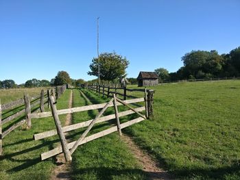 Fence on field against clear blue sky