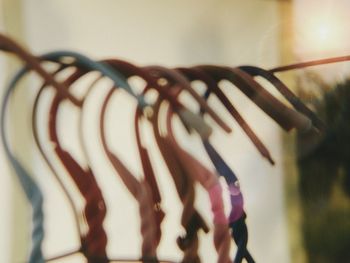 Close-up of clothes hanging on metal fence