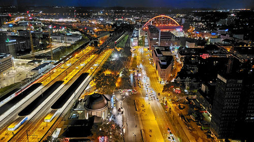 High-angle view of illuminated cityscape at night