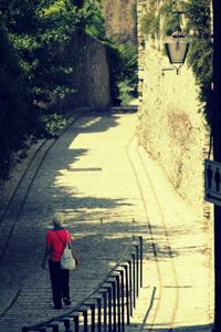 Rear view of man walking on road