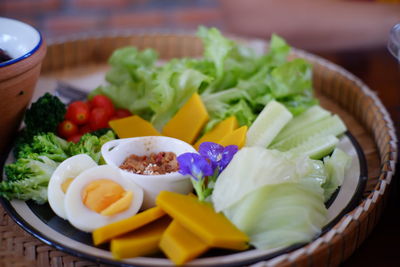 Close-up of salad served on table