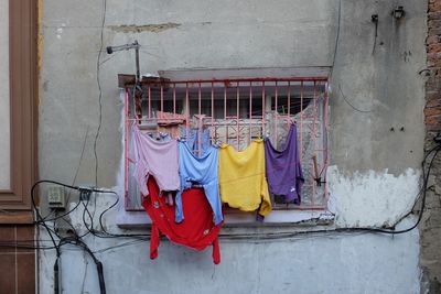 Multi colored umbrellas on the wall