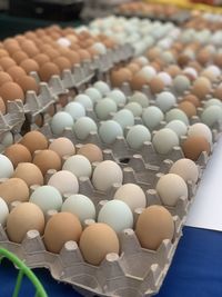 High angle view of eggs in container at market