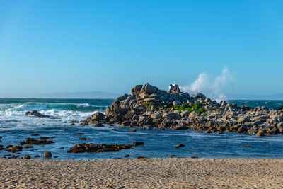 Scenic view of rocks on beach against sky