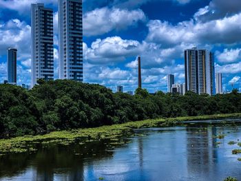 Scenic view of river by buildings against sky