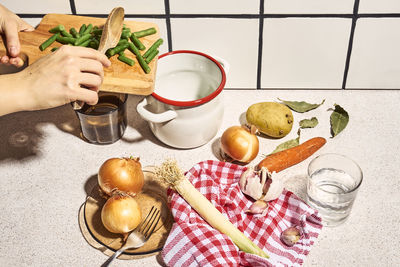 High angle view of preparing food on table