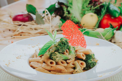 Close-up of fruit salad in plate on table