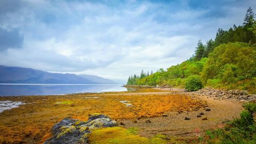 Scenic view of lake against cloudy sky