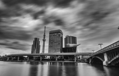 Bridge over river against cloudy sky