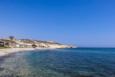 Scenic view of sea against clear blue sky