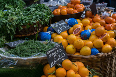 Close-up of fruits in basket for sale at market stall