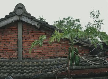 View of brick wall with buildings in background