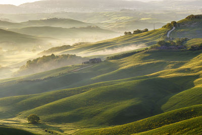 Rolling fields with fog in the valley at sunrise