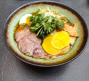 High angle view of food in plate on table