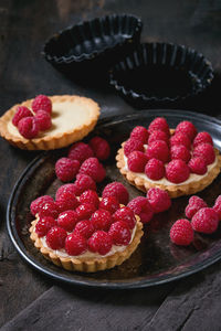 Close-up of dessert with raspberries on table