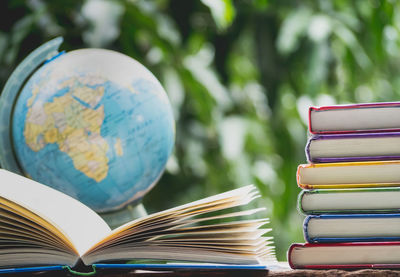 Close-up of stack of books on table