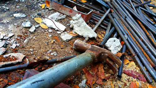 High angle view of rusty metal pipe