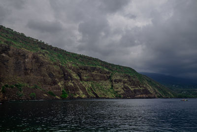 Scenic view of lake by mountains against sky