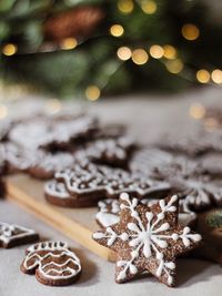 Close-up of christmas decorations on table