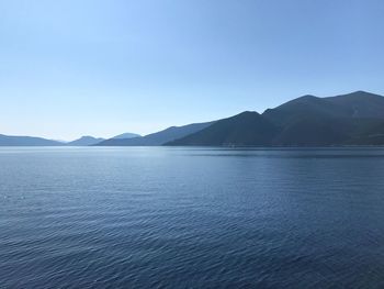 Scenic view of sea and mountains against clear blue sky