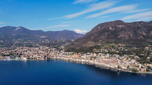 Aerial view of the lake front of salò, garda lake, italy.