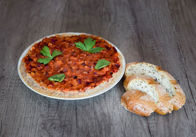 High angle view of pizza on table