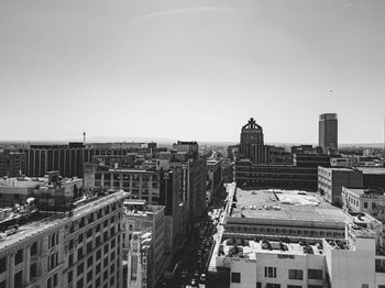 High angle view of buildings against clear sky