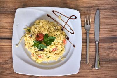 High angle view of food served on table