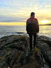 Rear view of man standing on rock at beach